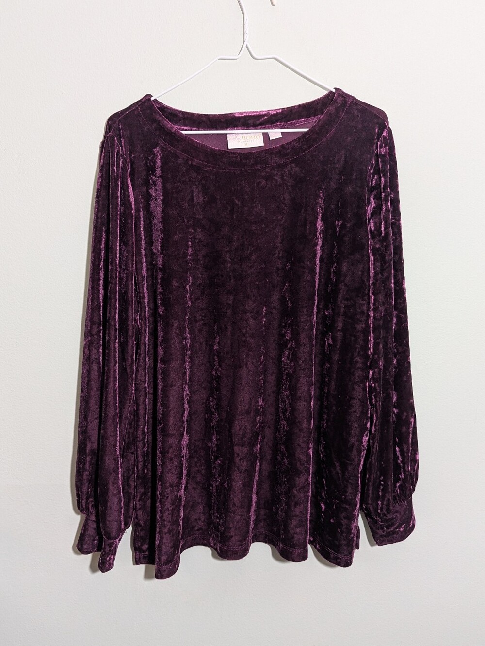 Belle Kim Gravel Boho Wmns Large Crushed Velvet Blouson Sleeve Top Italian Plum